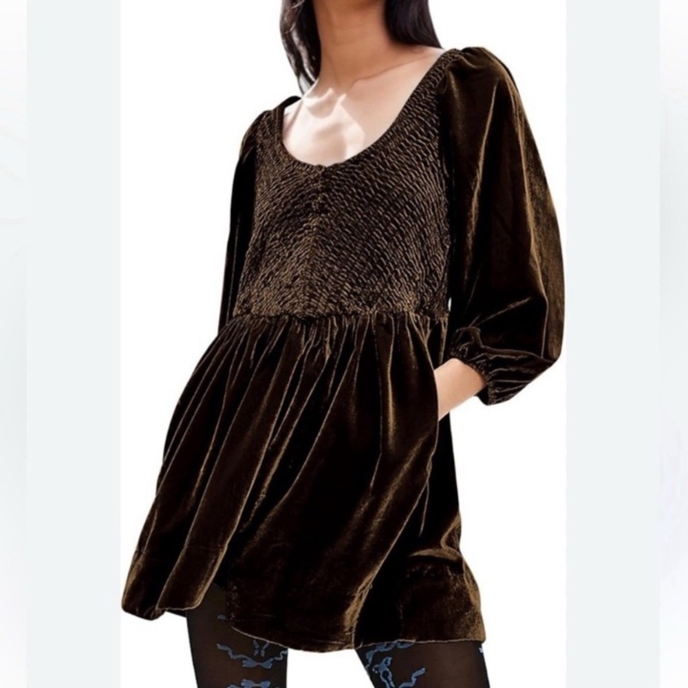 Free People Farrier Velvet Mini Dress Brown Bear Balloon Sleeves Smocked Bodice